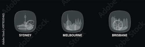 Australia cities icons with glass, liquid effect. Set of cityscapes for interface design. Vector Sydney, Melbourne, Brisbane skylines