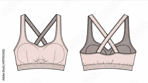 Vector CAD design of women's cross-back sports bras in pink and grey
