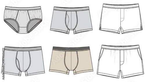 Vector CAD illustration of various men's underwear designs displayed