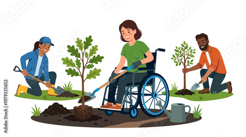 Accessible Gardening Person Wheel chair Actively Planting Tree With Long Handled Tool