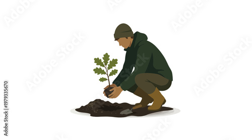 Reverent Planting Lone Figure Silhouetted Planting Single Oak Sapling For Hope