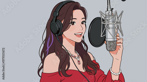 Woman in red top with headphones recording