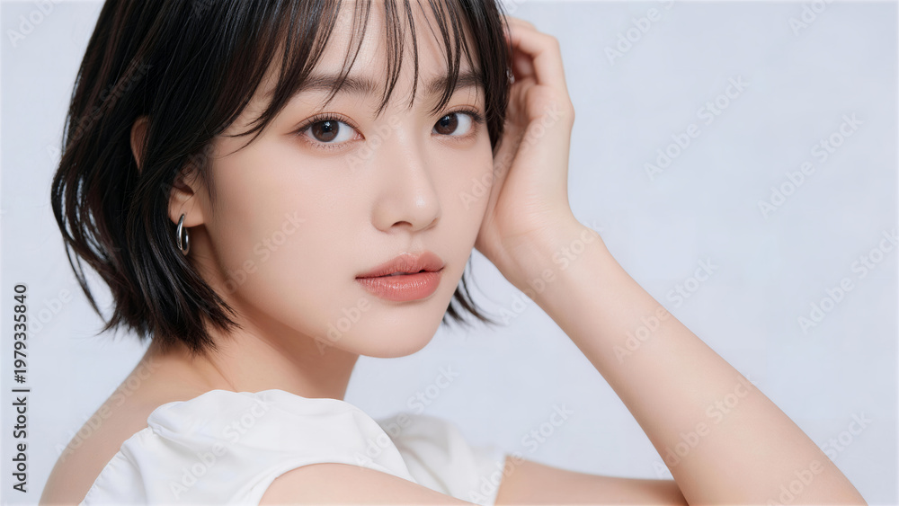 Fototapeta premium 手を髪に添えて見つめる美しい肌の若い女性