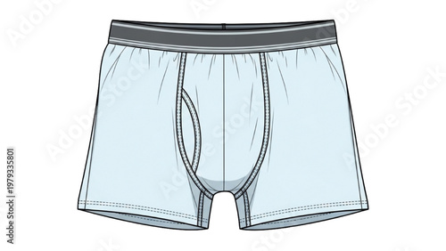Vector CAD illustration of men's blue boxer shorts with gray waistband