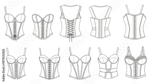 Various vector CAD designs of corsets and bustiers are shown