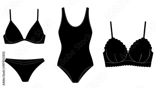 Vector CAD illustration of women's clothing including a swimsuit and lingerie on white