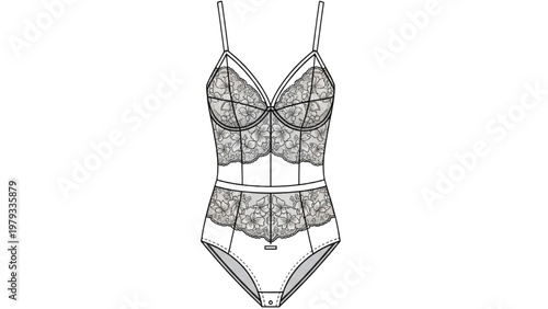Vector CAD design of a detailed lingerie bodysuit with floral patterns