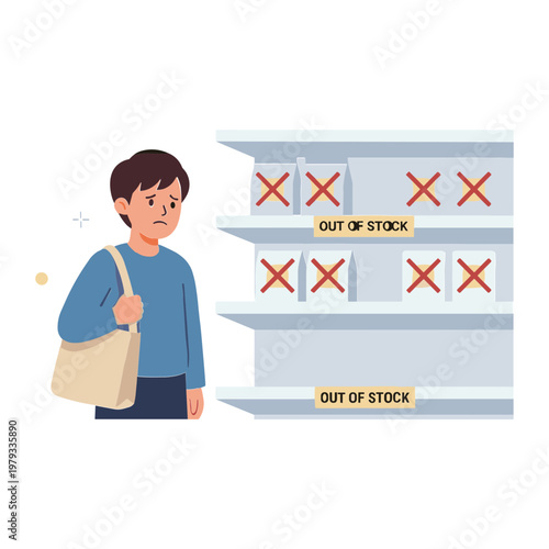 Man looks at empty shelves with out-of-stock labels in a store
