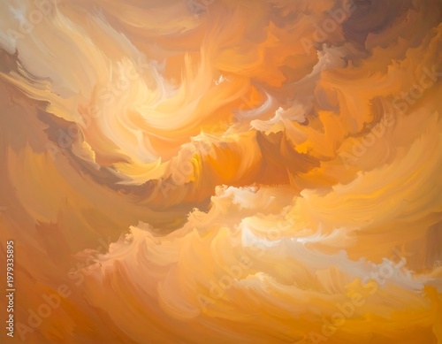 An abstract painting that captures the dynamic movement of a sunlit sky, rendered with fluid brushstrokes in warm hues