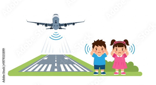Children covering ears from airplane noise on runway.
