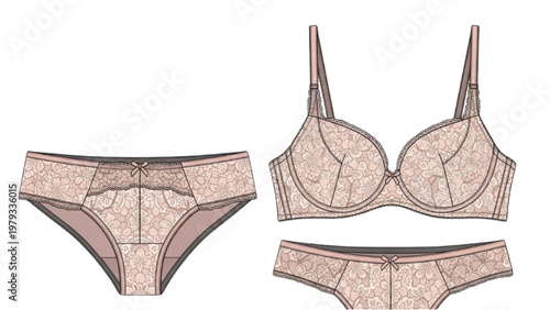 Vector CAD design of lingerie set including bra and panties