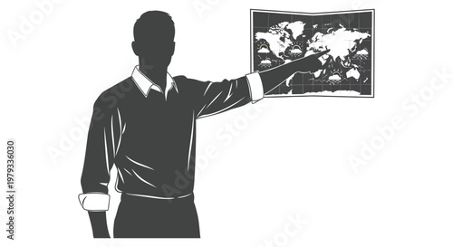 Man pointing at a world map on the wall stark silhouette