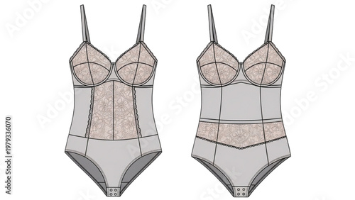 Vector CAD design of women's lingerie bodysuits in gray