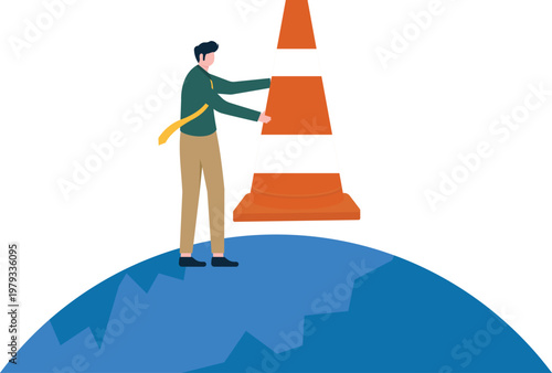 Professional on a globe holding a giant traffic cone