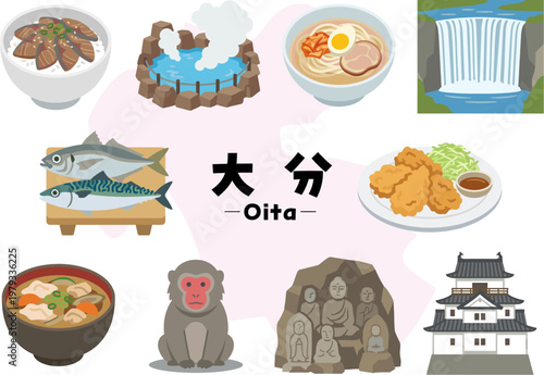 大分県の名物と観光アイコンセット（とり天・りゅうきゅう・温泉・別府地獄・原尻の滝・高崎山のサル）