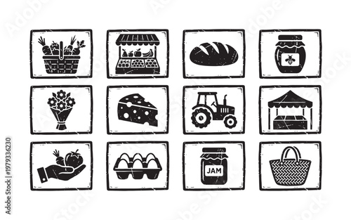 Farm to Table Market Icon Set with Fresh Produce and Agriculture Symbols