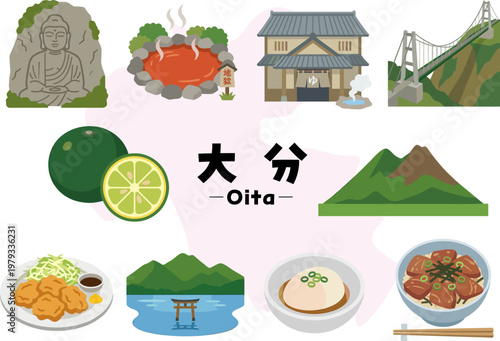 大分県の名物と観光アイコンセット（とり天・りゅうきゅう・だんご汁・温泉・別府地獄・由布院）