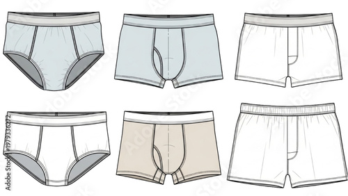 Vector CAD designs showcase various men's underwear styles and colors