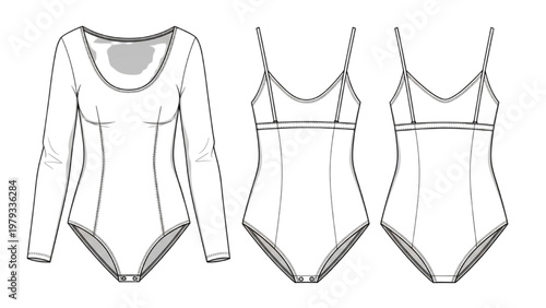 Vector CAD designs showcase bodysuits and leotard in various styles