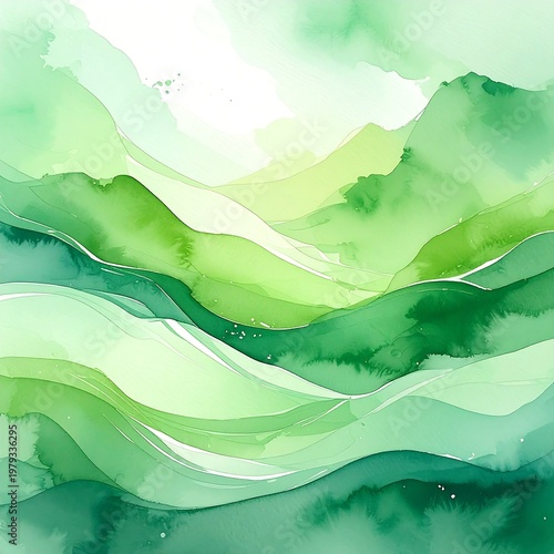 An abstract watercolor depicts rolling hills in various shades of green, with hints of silver, creating a serene and ethereal landscape