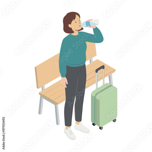 A woman stands on a platform drinking water from a bottle next to her green suitcase.