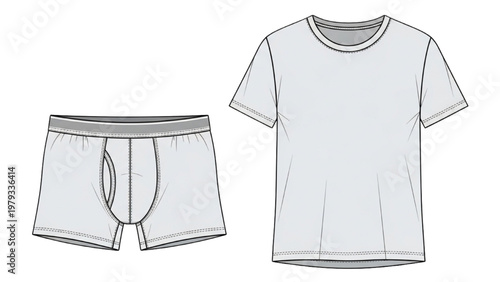 Vector CAD drawing of casual clothing including shorts and t-shirt