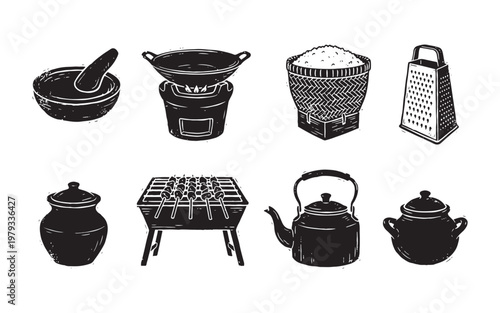 Vintage Hand Drawn Indonesian Traditional Culinary Kitchenware and Cooking Tools Collection