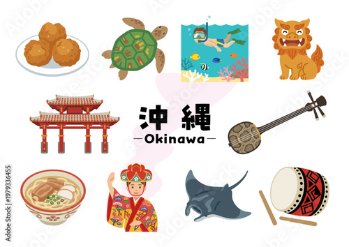 沖縄県の名物と文化アイコンセット（沖縄そば・琉球衣装・三線・エイサー太鼓・シーサー・シュノーケリング）