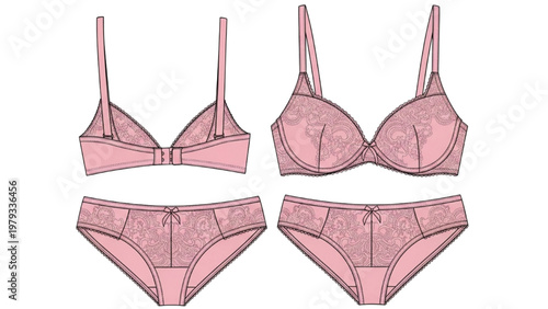 Vector CAD lingerie set includes pink bra and panties illustrations