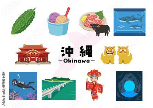 沖縄県の名物と観光アイコンセット（首里城・シーサー・ゴーヤ・沖縄そば・石垣牛・水族館）