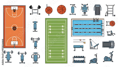 Top View Sports and Recreation Icons Set Vector Basketball Court Football Field Swimming Pool Gym Elements Flat Design Urban Planning Grid Layout