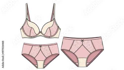 Vector CAD design of pink lingerie set with bra and panties