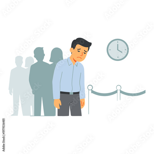 Man waits in line behind people with clock showing