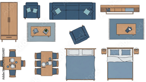 Vector CAD furniture layout with sofa, bed, table, chair, and cabinet