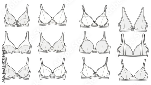 Vector CAD designs of various bra styles in a fashion catalog