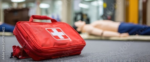 The Red First Aid Kit Focused in Foreground During CPR Training Simulation with Manikin