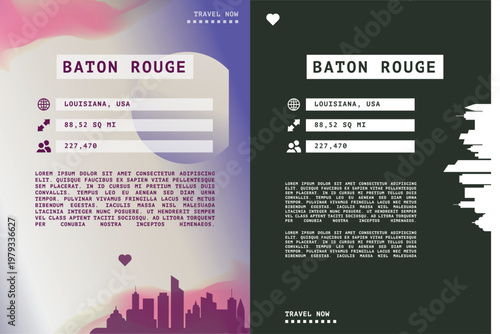Baton Rouge, Louisiana vector infographics, brochure layout set. Guide, leaflet, flyer, graphic templates pack with text, information, USA city skyline. Page, festival, cover mock up images series