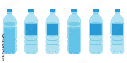 Six Blue Plastic Water Bottles with Caps Lined Up on a White Background plastic bottles beverage