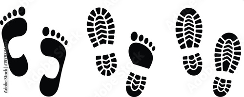 Black footprints and boot prints on a white background Keywords: footprint, footprints, boot print, boot prints, shoe print, shoe prints