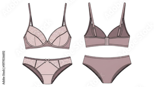 Vector CAD illustration of lingerie sets in purple hues on white