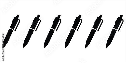 Six Black Ballpoint Pens Lined Up With White Background illustration