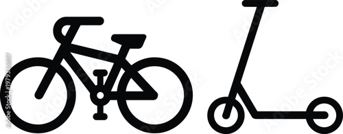 Flat line vector icons of a bicycle and a kick scooter isolated on white background representing eco friendly urban transportation micro mobility and active lifestyle