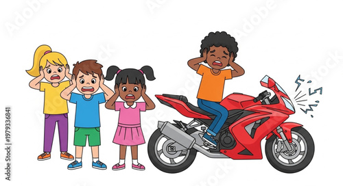 Children Covering Ears From Loud Motorcycle Sound.