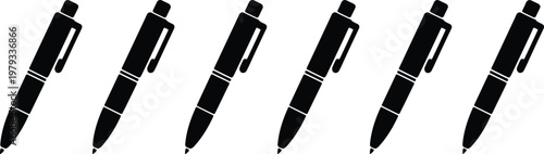 Six Black Ballpoint Pens Lined Up With White Background illustration