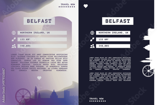 Belfast, United Kingdom vector infographics, brochure layout set. Guide, leaflet, flyer, graphic templates pack with text, information, city skyline shape. Page, festival, cover mock up images series