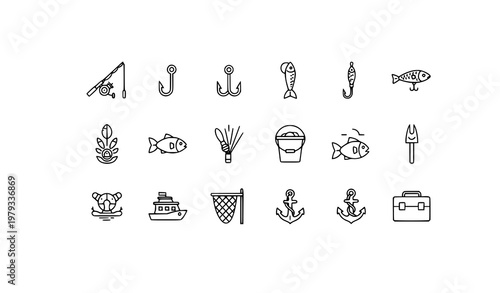 Fishing Line Icons Set with Rod Reel Hook and Fish Editable Stroke Vector