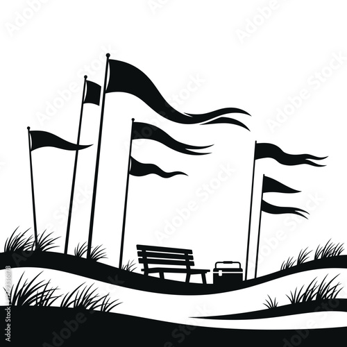 Festival tent with waving pennant flags and signboard silhouette