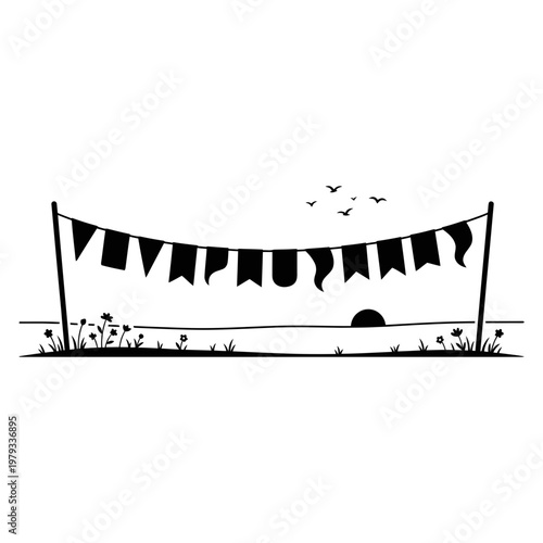 Rainy gazebo scene with bunting umbrellas and benches silhouette