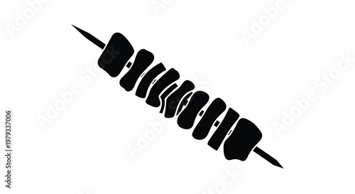 A simple black and white illustration depicts a skewer with several pieces of food high quality