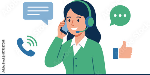 Woman wearing headset talks on phone with speech bubbles around her